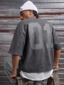 AXEPEAK 男士数字印花圆领休闲宽松T恤 - 灰色 - 查看 1