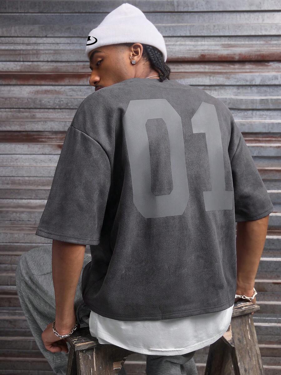 AXEPEAK 男士数字印花圆领休闲宽松T恤 - 灰色 - 查看 1