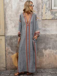 Brillora Women's Loose Maxi Slit Digital Print Dress - Blue - View 4