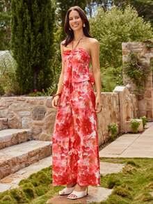 KARISMINA Women's Sping Summer Elegant Vacation Tropical Print Two Pieces Set – Strapless Flowy Top & Wide Leg Pants, Spring Summer 2026 Vacation Matching Outfit - Red - View 6