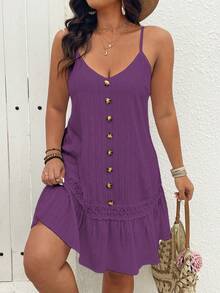 EMERY ROSE 大码V领无袖前扣荷叶边下摆纹理吊带连衣裙 - 紫色 - 查看 1