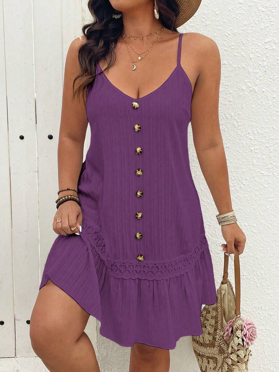 EMERY ROSE 大码V领无袖前扣荷叶边下摆纹理吊带连衣裙 - 紫色 - 查看 1