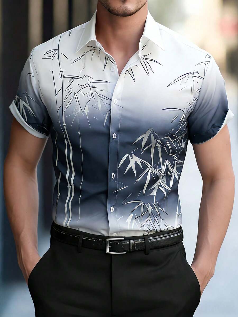 Manfinity Mode Áo sơ mi nam tay ngắn cổ bẻ cài một hàng khuy, họa tiết lá ombre, kiểu dáng thường ngày, đa năng. - trắng - Xem 1