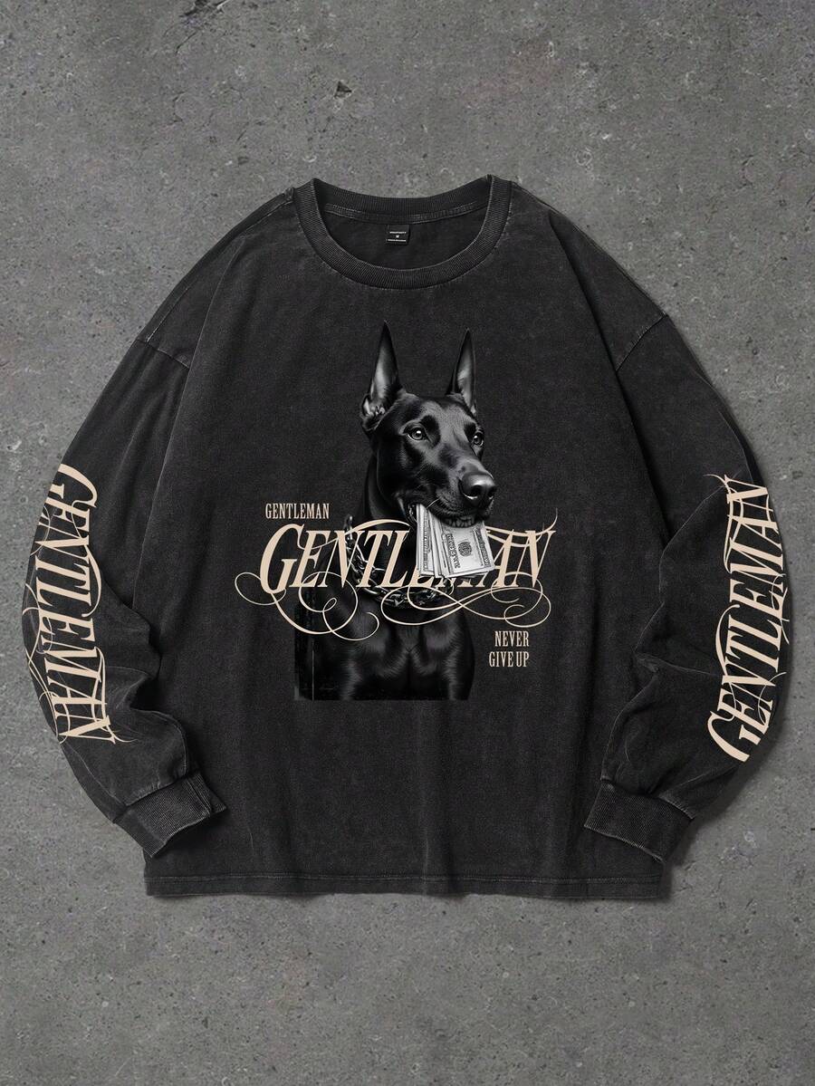 Manfinity EMRG 男士休闲小狗字母印花T恤，春秋季 - 黑色 - 查看 1