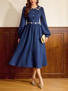 Vintamour 复古优雅女士连衣裙，带口袋，刺绣彼得潘领，纽扣闭合，休闲通勤度假连衣裙，春夏女装，夏季度假装，夏季服装，夏季连衣裙，春季女装，春季服装，春假服装，情人节服装，优雅女士连衣裙，夏季度假装 - 藍色 - 查看 3