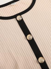 SHEIN Camiseta de manga corta elegante y casual con contraste de costilla para adolescentes - Caqui - Ver 5