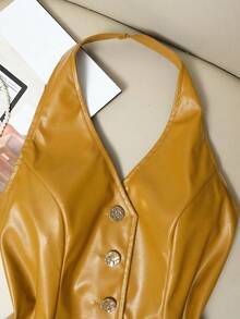 Franclia New Wine Red Button Halter Neck Women Tank Top Leather Top Women Leather Tank Top Women Women Tank Top Leather Tops - Yellow - View 4