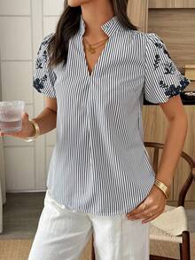 Elouméa Women's Casual Ruffle Decor Round Neck Striped Print, Embroidered Sleeve Loose Blouse, Suitable For Daily Wear And Vacation - Yellow - View 5
