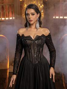 Glamrae 优雅的法式里维埃拉风格刺绣蕾丝拼接缎面露肩睫毛半透明胸罩杯带钢圈褶皱荷叶边裙女士宴会礼服、正式礼服、轻盈网纱连衣裙 - 黑色 - 查看 4