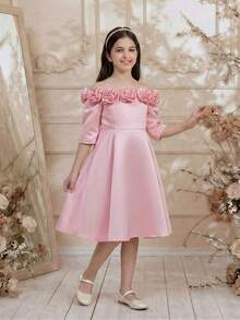 Elladie kids 少女缎面花卉贴花露肩中长连衣裙，公主裙，适合婚礼、花童、生日派对、节日活动、表演等场合 - 粉色 - 查看 4