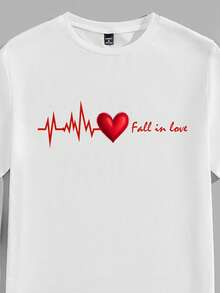 Manfinity Homme Valentine's Day Romantic Heart Beat Slogan Casual Print White Crew Neck T-Shirt For Men, Regular Fit - White - View 3