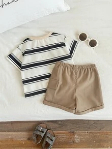 SHEIN 2pcs/Set Baby Boy Cute Cartoon Character Striped Short Sleeve T-Shirt And Khaki Casual Shorts Set, Summer - Multicolor - View 2