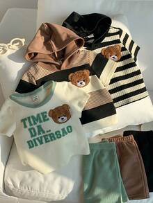 SHEIN 6件套男女宝宝夏季休闲可爱条纹小熊图案连帽T恤和松紧腰短裤套装，百搭装 - 彩色 - 查看 7