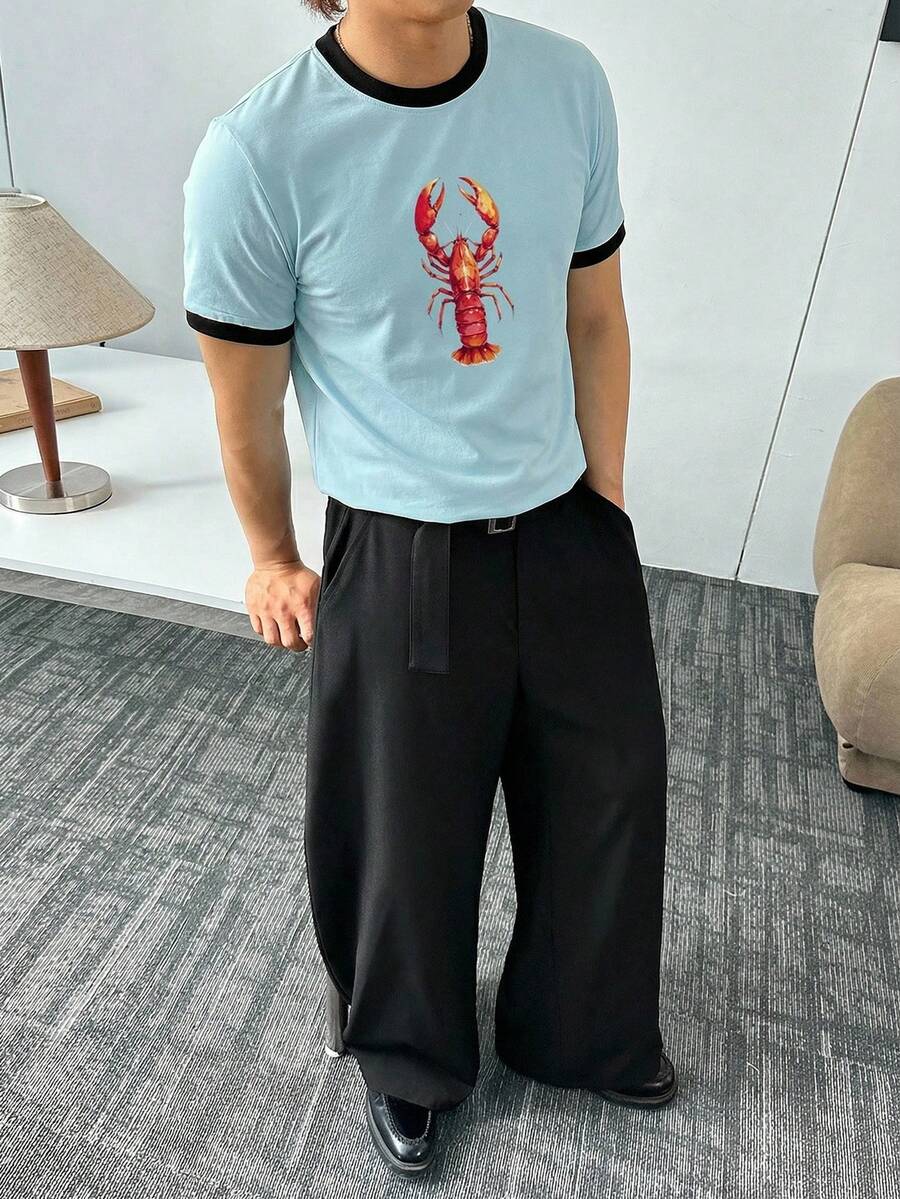 SWAVVY 男士休闲标准版型宽松短袖T恤，蓝色，撞色领口和袖口 - 藍色 - 查看 1