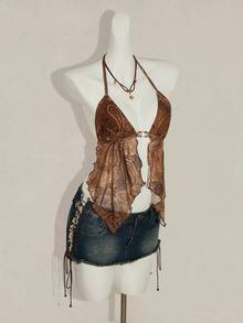 SHEIN ICON 吊带无袖复古印花露背吊带背心 - 棕色 - 查看 7