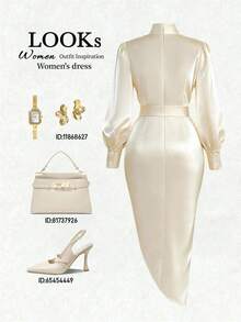 SHEIN Franclia Đầm satin màu sâm panh cao cấp thiết kế riêng cho nữ | Cổ đứng khoét chữ V, tay dài, xếp ly ôm eo và vạt chéo bất đối xứng | Một chiếc đầm dự tiệc sang trọng lấy cảm hứng từ người nổi tiếng và kiểu dáng ôm sát tôn dáng cho những buổi hẹn hò thanh lịch. - Màu be - Xem 2