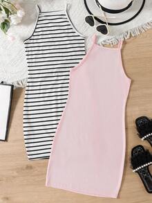 SHEIN Tween Girls' Casual Pink And White Striped Camisole Dress,Multi-Piece Set Summer Bodycon Dress For Kids Vacation Holiday,Kid Dresses Girl Clothes - Multicolor - View 3