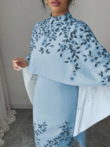 SHEIN Elenzya Elegant High Collar Floral Print Midi Dress With Cape - Blue - View 6