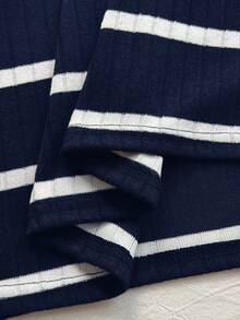 Comfortcana 加大码藏蓝色条纹T恤和裤子休闲两件套，夏季 - 藏蓝色 - 查看 4