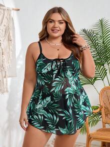 SHEIN CURVE+ Plus Size Women Hollow Out Tie Tropical Plant Print Tankini Swimsuit Set - Multicolor - View 5