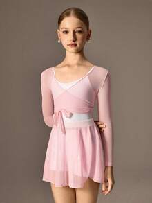 SHEIN Tween Girls Ballet 3 PiecesSet, White Leotard With Tulle Skirt And Sheer Jacket, Stretchy Fitted Fabric With Lightweight Mesh, Suitable For Ballet Training - Pink - View 4