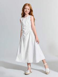 Ontre Tween Girl Elegant Ruched Side Sleeveless Round Neck Midi Dress - White - View 3