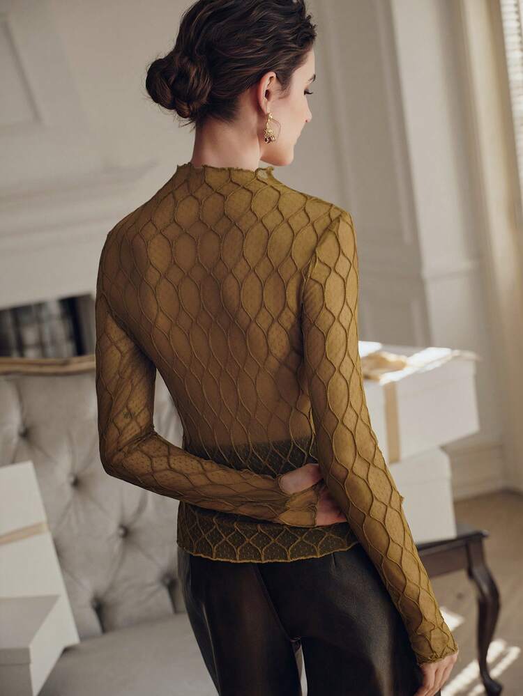 Women's Sexy & Elegant Diamond Textured Sheer Long Sleeve Top, Suitable For Party, Date, Spring