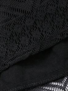 FRIFUL 女士拼接几何网纱圆领灯笼袖宽松休闲连衣裙 - 黑色 - 查看 7