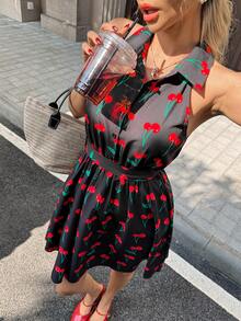 Pariaura Women's Cherry Print Collared Sleeveless Casual Short Dress - Black - View 5