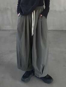 女士纯色深灰色褶裥阔腿裤，松紧腰带配撞色抽绳，宽松休闲百搭长裤 - 深灰色 - 查看 8