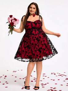 SHEIN CURVE+ CURVE PLUS /Valentine's Day/Plus Size Women's Retro Black Mesh Embroidered Bow Suspender A Swing Short Mini Dress
