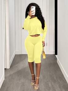 BamGleam Sexy Asymmetrical Shoulder Cinched Waist Long Sleeve Crop Top And Pants Set - Light Yellow - View 6
