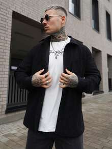 Artur Kramer Bestseller leichte Cord Herren Lässig Hemd Jacke, Kentkragen, Knopfverschluss, Langarm, Design mit zwei Taschen, geeignet für täglichen Lässig-Stil, modisch minimalistisches Ausgehen, bequeme Haus- und Straßenmode, dünnes Langarmhemd für den Frühling - Schwarz - Übersicht 2