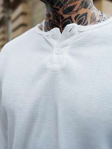 Artur Kramer Henry Collar Waffle Knit Long Sleeve Lightweight Breathable Sun Protection T-Shirt For Men, Casual American Style Undershirt, Versatile Choice For All Seasons , Fall - White - View 3