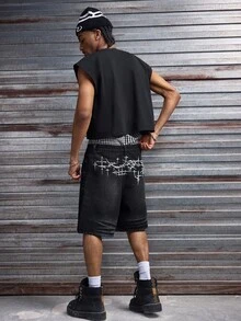 AXEPEAK Quần short denim nam có túi, cài nút, họa tiết chéo, kiểu dáng thường ngày đa năng. - màu đen - Xem 6