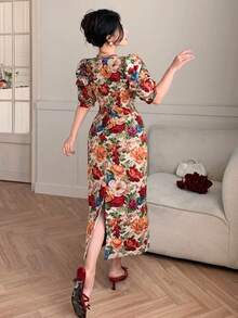 DAZY Robe élégante à manches bouffantes avec motif floral pour femme, robe d'invitée de mariage d'été - Rouge - Voir 2