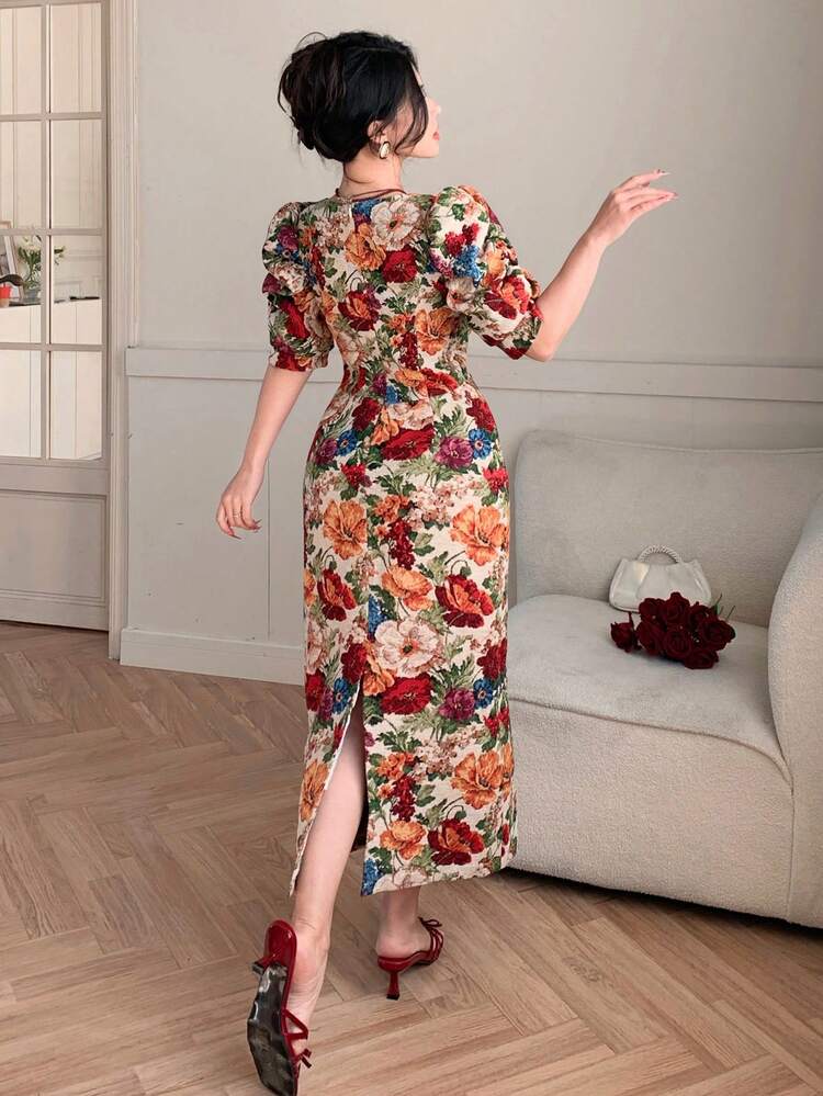 Women's Elegant Floral Puff Sleeve Dress, Summer Wedding Guest Dress Easter Sundress