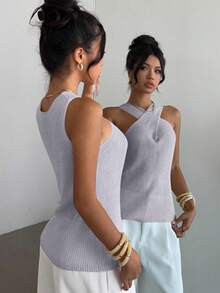 Selianne Cross-Neck Minimalist Niche Design Casual Knit Top - Mauve Purple - View 2