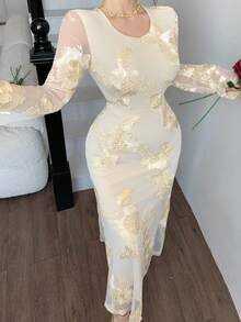 DAZY 女士优雅印花圆领中长连衣裙，春夏婚礼宾客礼服 - 杏色 - 查看 6