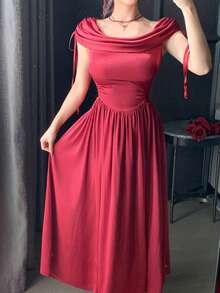DAZY Đầm dài ngang gối thanh lịch màu trơn dành cho nữ, cổ xếp ly, thắt eo, thích hợp làm đầm dự tiệc cưới mùa hè. - Màu Đỏ Sâu - Xem 7