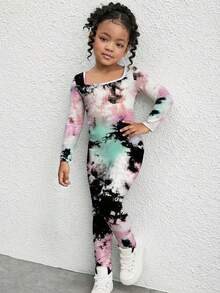 SHEIN Young Girls' Black Tie-Dye Street Style Elastic Knit Crew Neck Long Sleeve Jumpsuit,Snug Fit Matching Sister Set White Summer Casual Daily Wear Outfit - Black - View 4