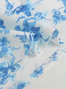 Girlism Teen Girls' Blue & White Floral Print Ruched Waist A-Line Mesh Overlay Spaghetti Strap Vacation Dress, Spring/Summer - Blue and White - View 3