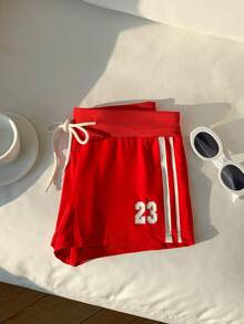 Comfortcana Quần short nữ dáng rộng, thắt dây eo, in số, kiểu dáng thường ngày. - Đỏ - Xem 6