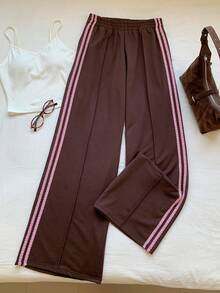 Comfortcana 女士弹力腰侧条纹阔腿宽松休闲运动裤 - 咖啡棕 - 查看 3