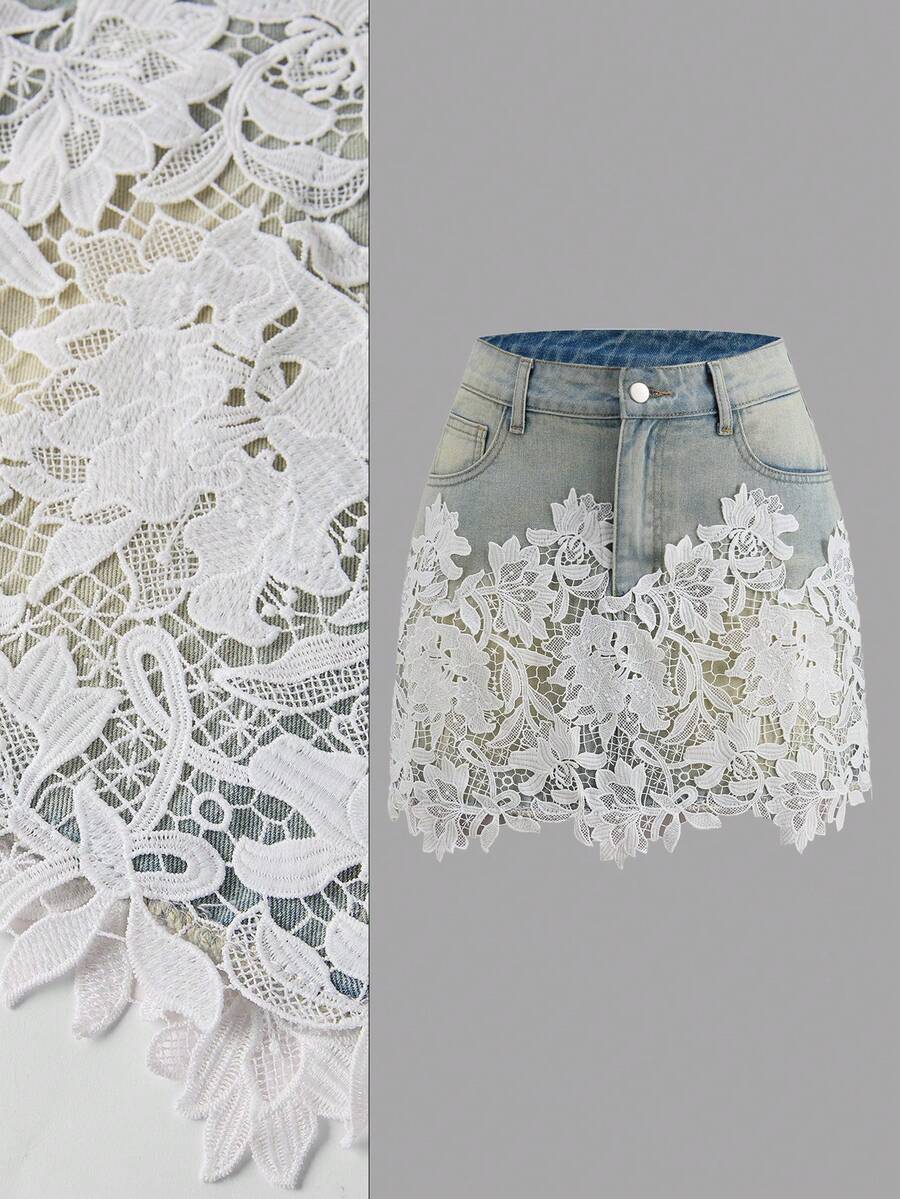 SHEIN MOD Women's Fashion Lace Decorated Denim Mini Skirt Summer Holiday Outfits Spring Outfit Women Valentine Outfits For Women Carnival Costumes Beach Skirt Vacation Outfits Women Holiday Skirt Floral Skirt White Skirt Women's Light Wash Denim Mini Skirt With Elegant White Floral Lace Overlay Design - Light Wash - View 1