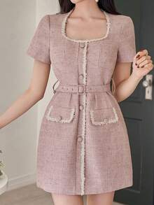 DAZY 女士优雅撞色拼接仿口袋系带夏季迷你连衣裙婚礼宾客礼服 - 粉色 - 查看 3