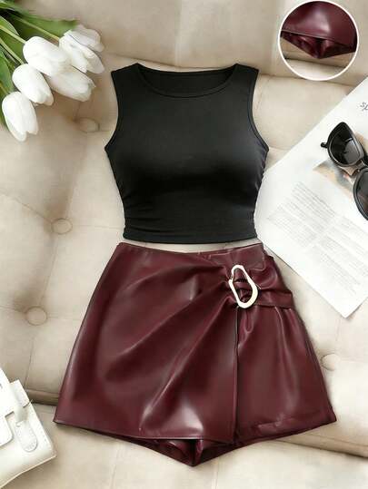 Franclia 2pcs Set: Metal Buckle Decor City Casual Outfit, Youthful Vibe, Elegant Charm, Round Neck Sleeveless Top & PU Shorts, Black & Burgundy, Suitable For Autumn & Summer