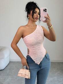 SHEIN Elenzya 女士新款春夏秋季休闲通勤旅行上衣，纹理面料，不对称下摆，不对称斜肩设计，侧边金属装饰，适合女性在秋季、情人节、新年、假期、万圣节、圣诞节等场合穿着。 - 淺粉色 - 查看 3