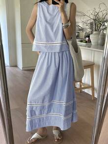 DAZY 女士休闲条纹蕾丝拼接无袖上衣和A字裙两件套，夏季 - 藍色 - 查看 8