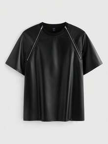 ROMWE MEN Street Life 男士圆领短袖时尚夏季百搭PU紧身T恤 - 黑色 - 查看 1